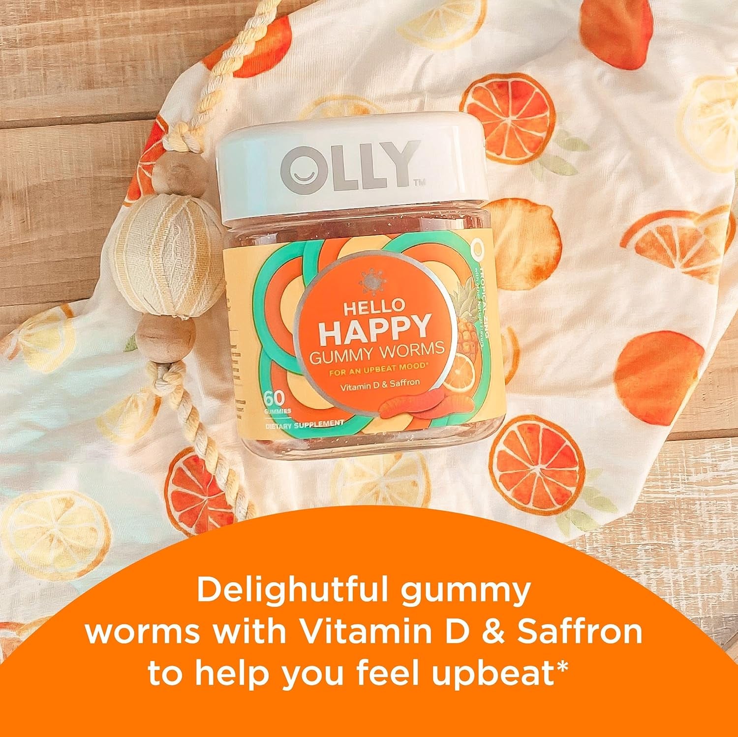Hello Happy Gummy Worms, Mood Support Gummies for Adults,* Saffron Extract, Vitamin D, Tropical Zing Flavored, 30 Day Supply - 60 Count