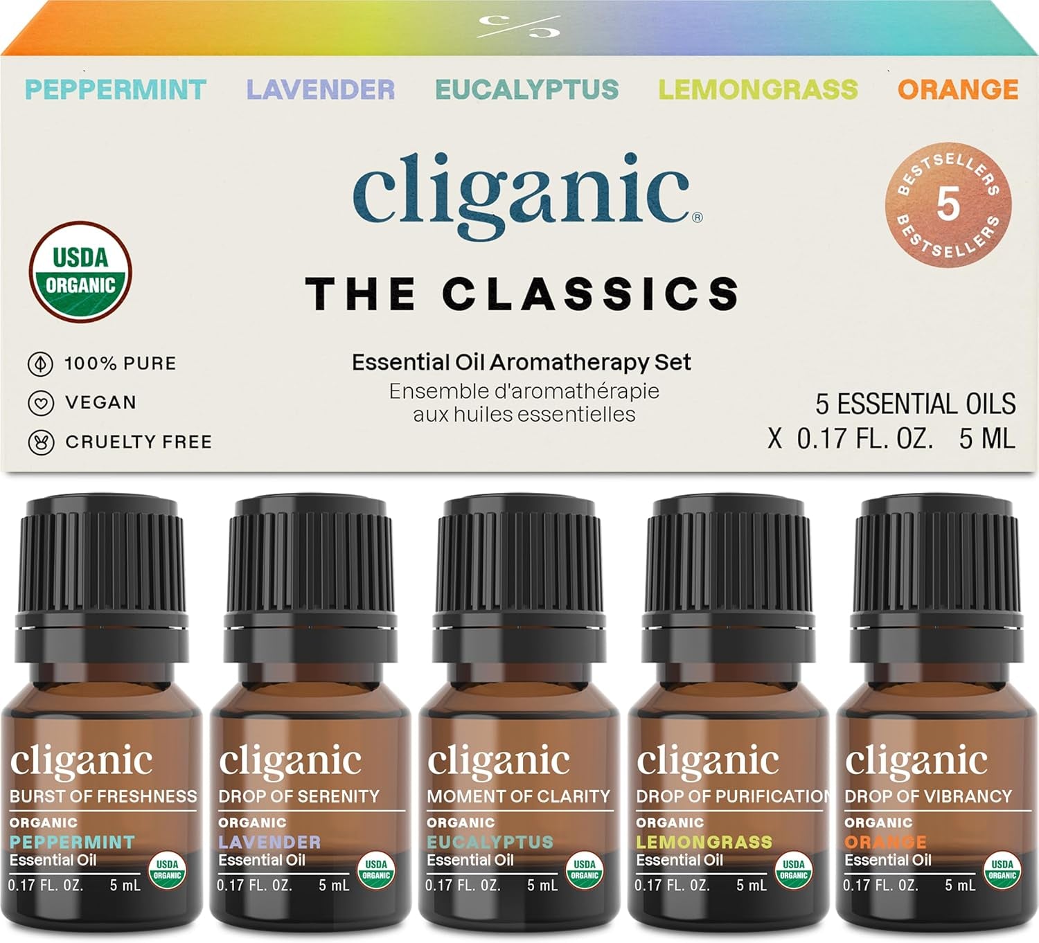 Organic Essential Oils Set (Top 5 - the Classics) - 100% Pure Natural - Aromatherapy, Candle Making - Peppermint, Lavender, Eucalyptus, Lemongrass & Orange