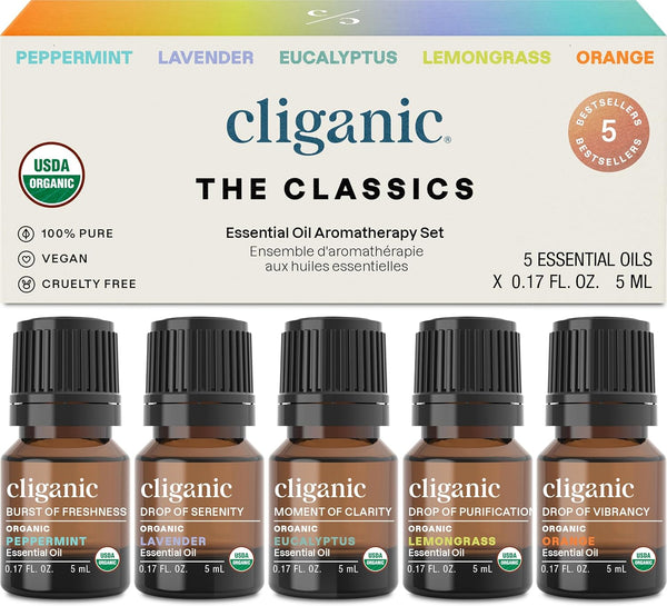 Organic Essential Oils Set (Top 5 - the Classics) - 100% Pure Natural - Aromatherapy, Candle Making - Peppermint, Lavender, Eucalyptus, Lemongrass & Orange