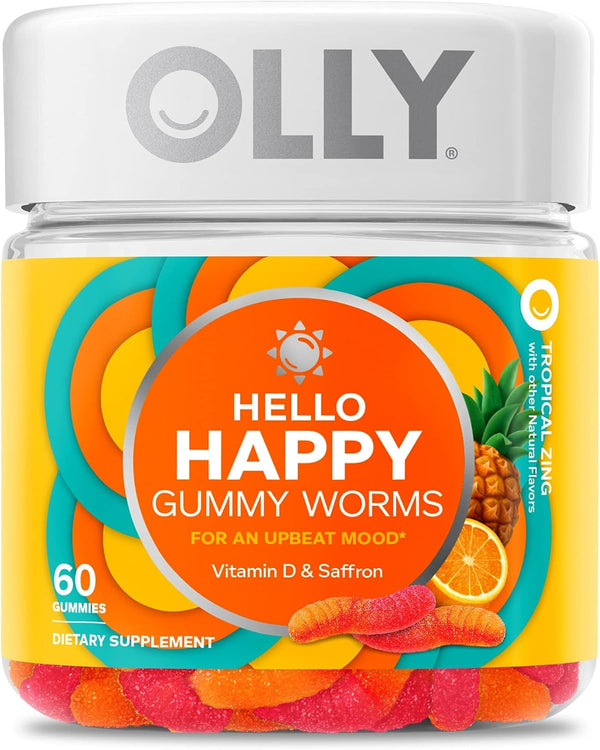 Hello Happy Gummy Worms, Mood Support Gummies for Adults,* Saffron Extract, Vitamin D, Tropical Zing Flavored, 30 Day Supply - 60 Count