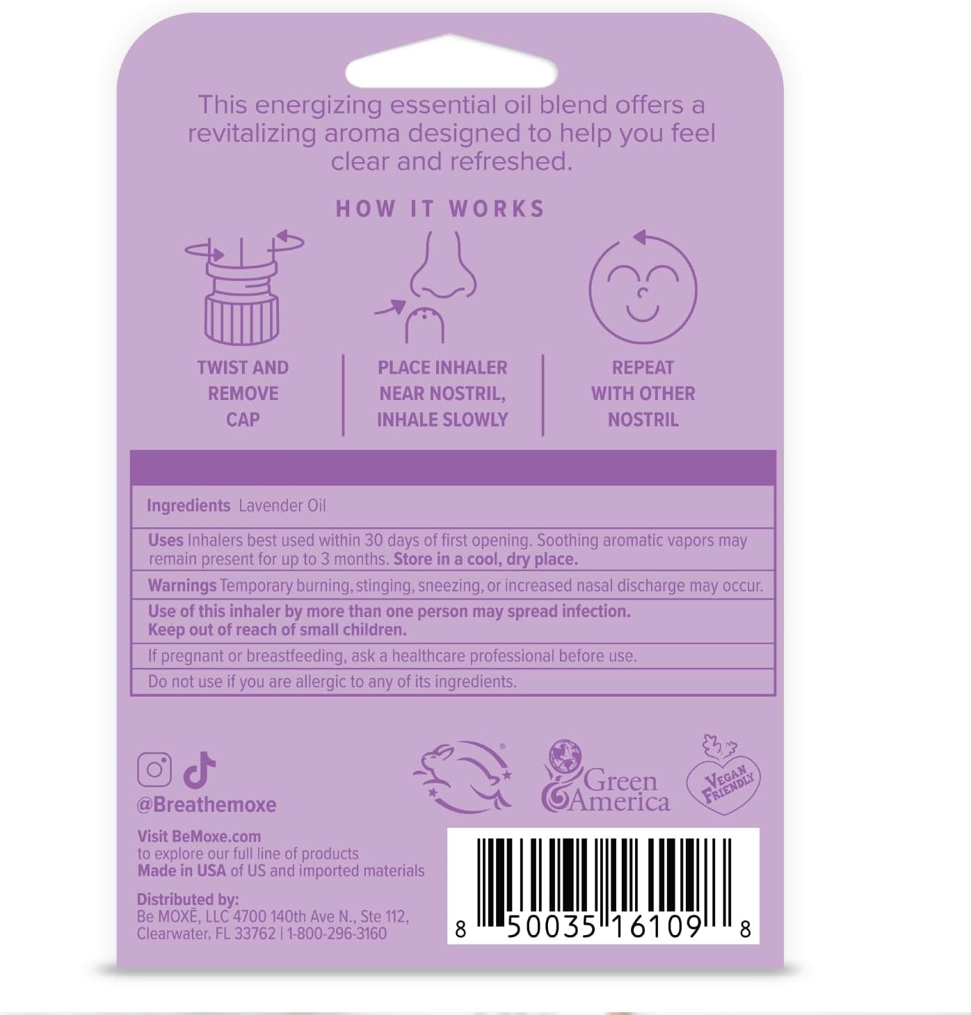 MOXĒ Lavender Essential Oil Nasal Inhaler, No-Mess Aromatherapy, Relaxation, Naturally Calming, before Sleep Routine, Pure and Undiluted, Made in USA (3 Pack)