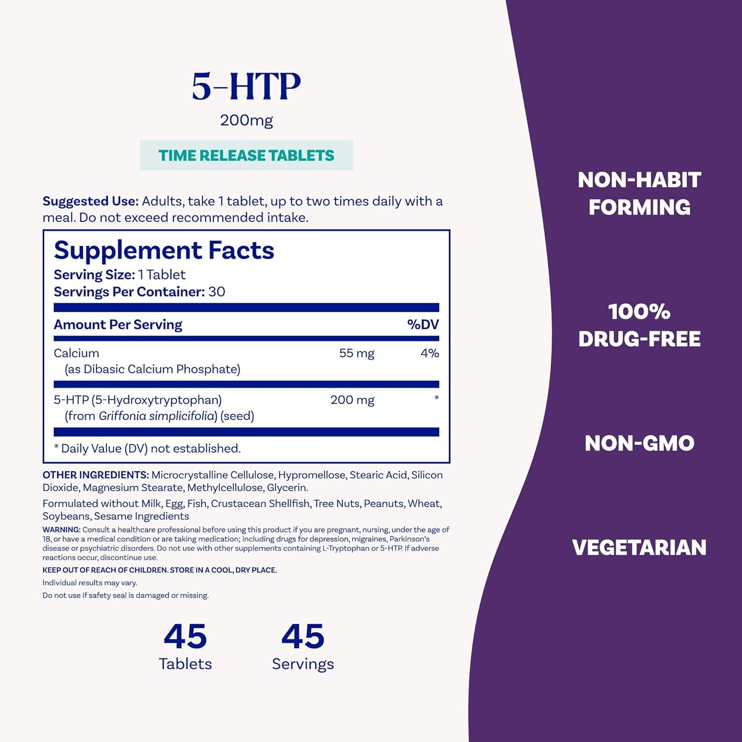 5-HTP 200 Mg, Time Release, Support a Balanced Mood, Dietary Supplement Provides Serotonin Production Throughout the Day, 30 Tablets, up to a 30 Day Supply