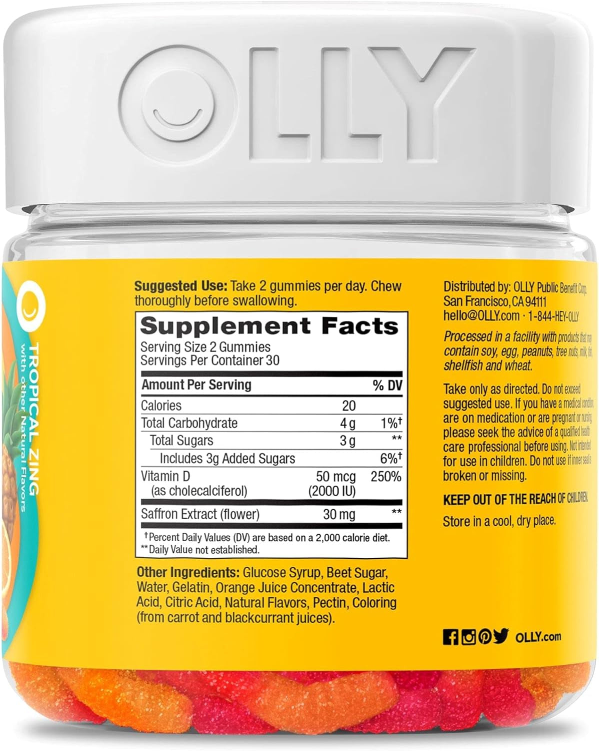 Hello Happy Gummy Worms, Mood Support Gummies for Adults,* Saffron Extract, Vitamin D, Tropical Zing Flavored, 30 Day Supply - 60 Count