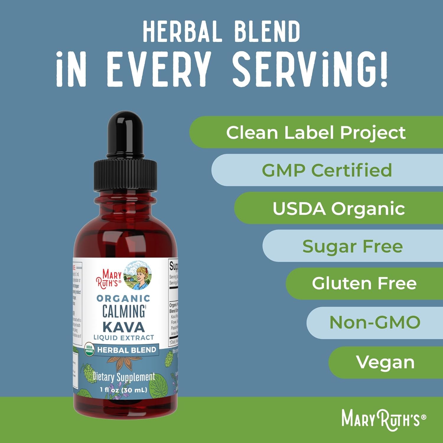 Maryruth'S Kava Root Liquid Extract for Calm & Relaxation | Nervine & Adaptogenic Herbal Blend | USDA Organic | Sugar Free | Gluten Free | Vegan | Non-Gmo | Ages 14+ | 1 Oz | 30 Day Supply