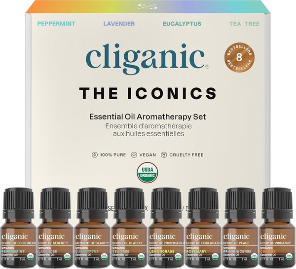 Organic Aromatherapy Essential Oils Gift Set (Top 8 - the Iconics), 100% Pure - Peppermint, Lavender, Eucalyptus, Tea Tree, Lemongrass, Rosemary, Frankincense & Orange