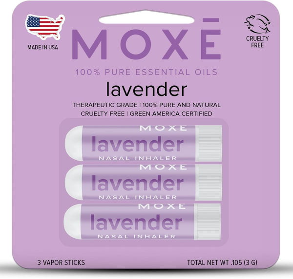 MOXĒ Lavender Essential Oil Nasal Inhaler, No-Mess Aromatherapy, Relaxation, Naturally Calming, before Sleep Routine, Pure and Undiluted, Made in USA (3 Pack)