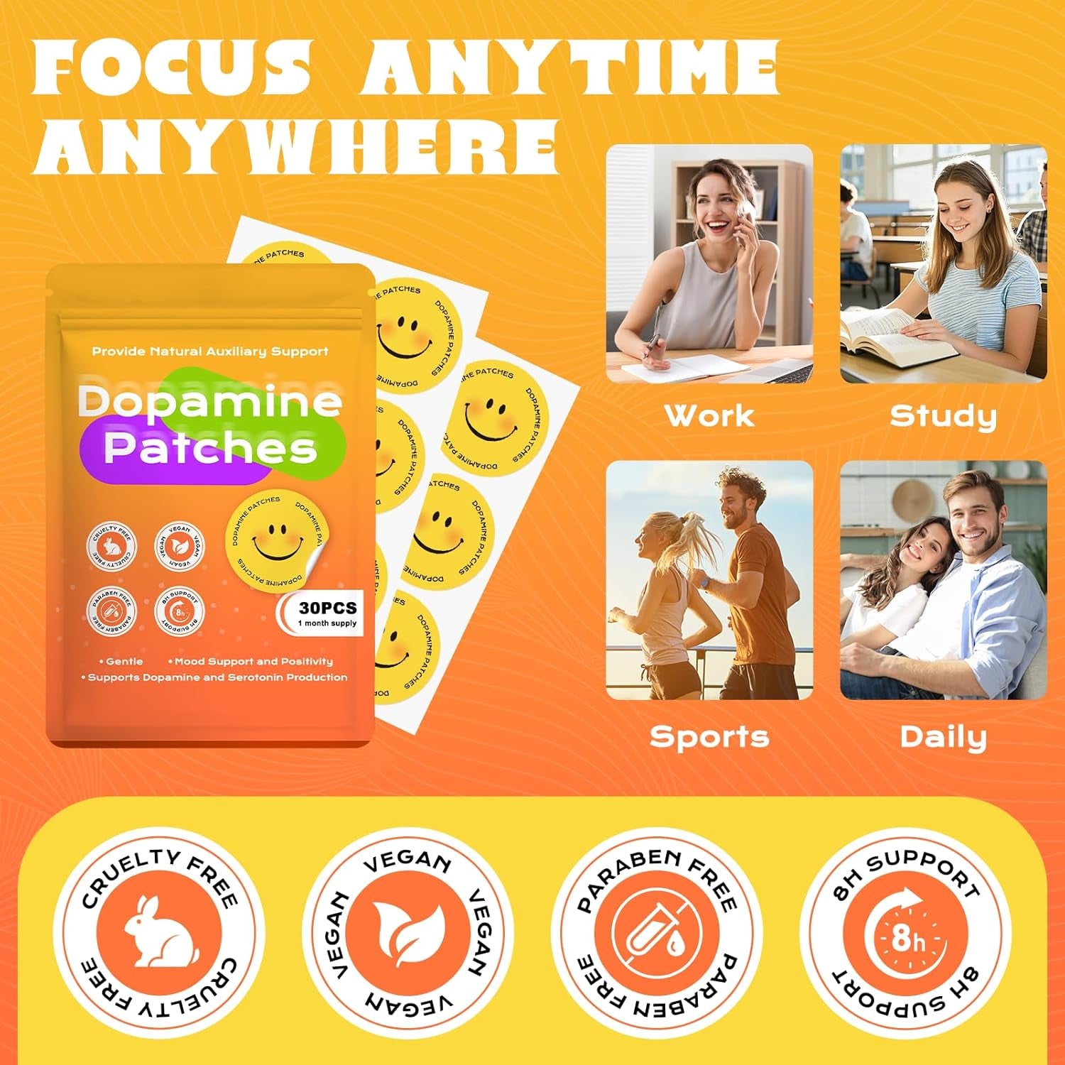 Dopamine Patches Extra Strength, Mood Support Patches for Daily Mood Boost & Positivity Support, Motivation（30 Pcs）