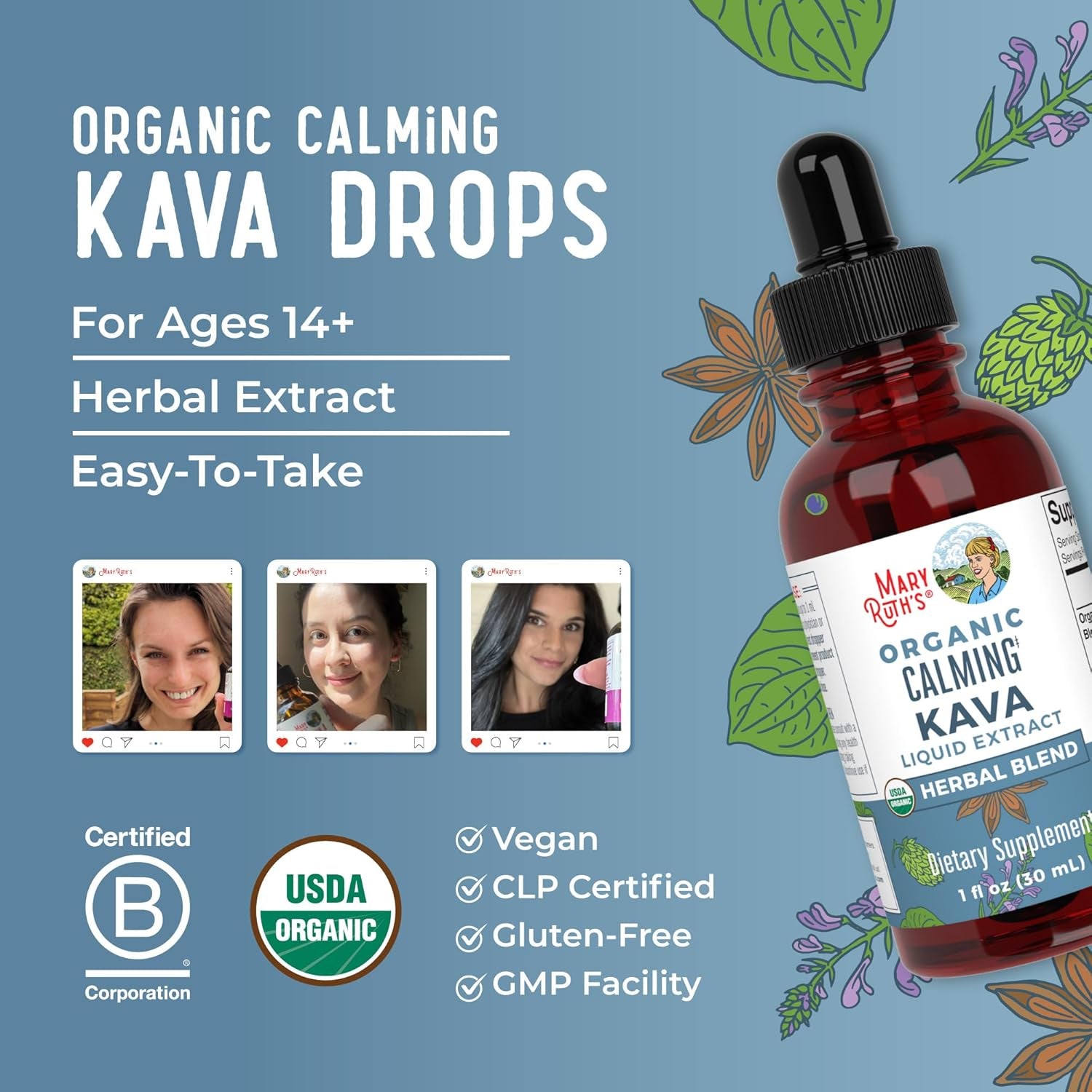 Maryruth'S Kava Root Liquid Extract for Calm & Relaxation | Nervine & Adaptogenic Herbal Blend | USDA Organic | Sugar Free | Gluten Free | Vegan | Non-Gmo | Ages 14+ | 1 Oz | 30 Day Supply
