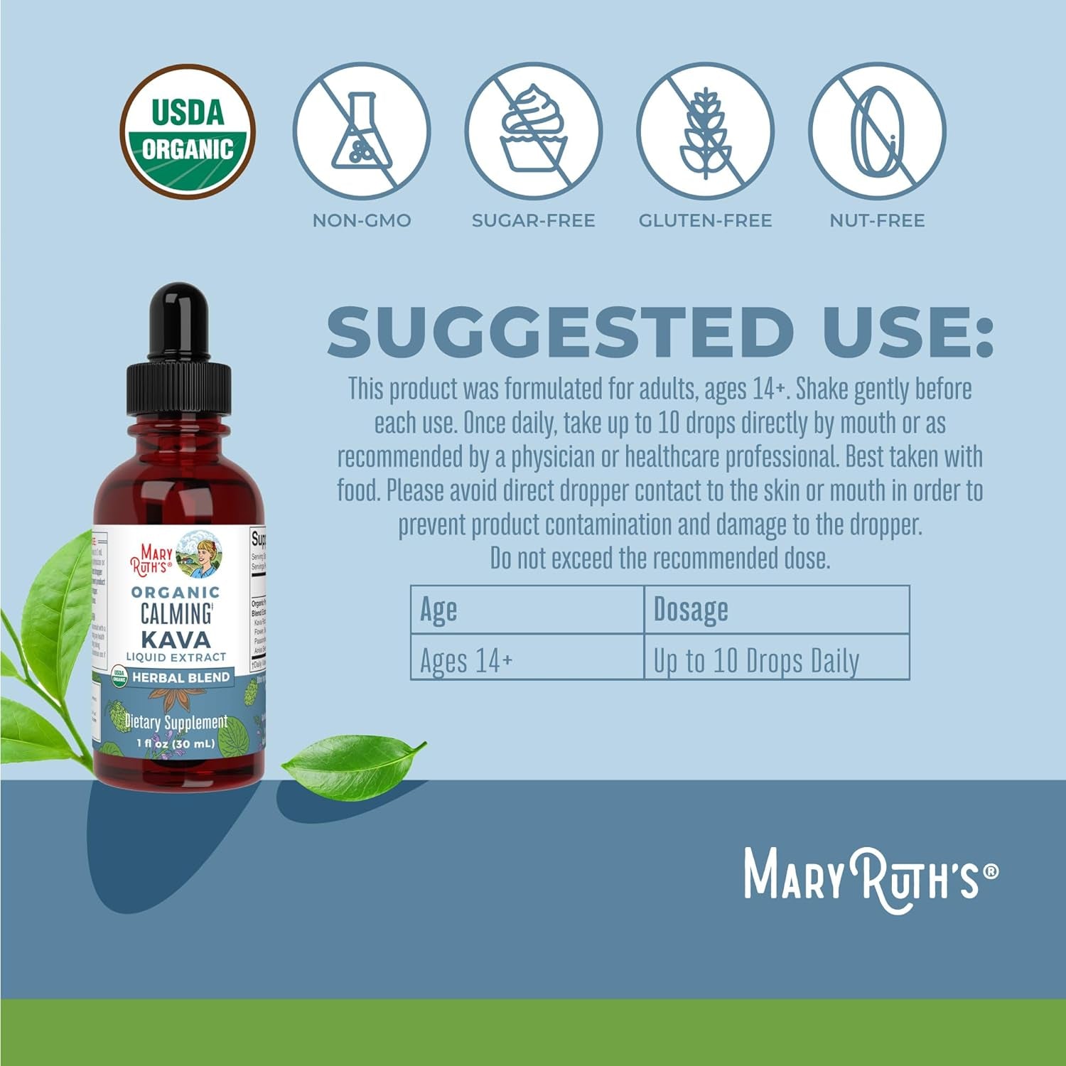 Maryruth'S Kava Root Liquid Extract for Calm & Relaxation | Nervine & Adaptogenic Herbal Blend | USDA Organic | Sugar Free | Gluten Free | Vegan | Non-Gmo | Ages 14+ | 1 Oz | 30 Day Supply