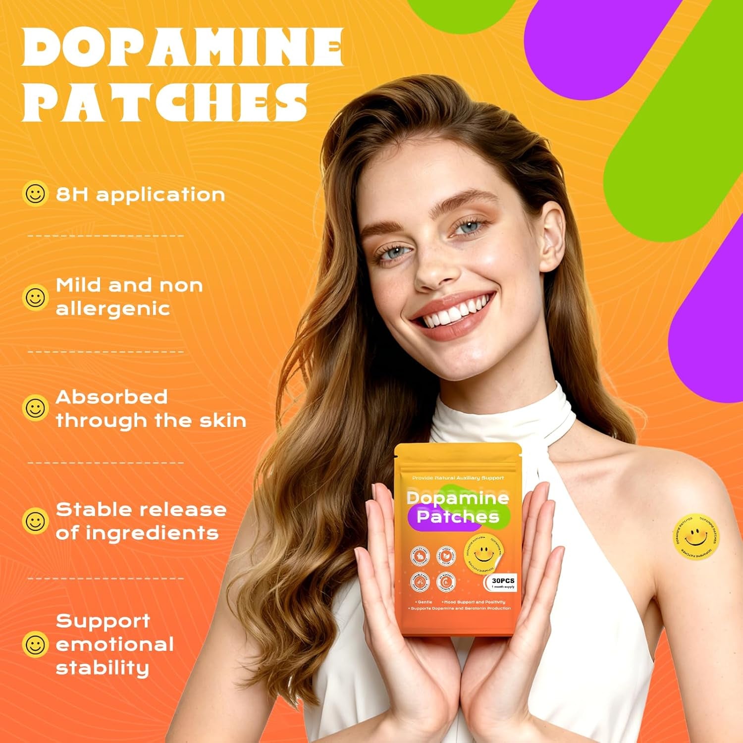 Dopamine Patches Extra Strength, Mood Support Patches for Daily Mood Boost & Positivity Support, Motivation（30 Pcs）