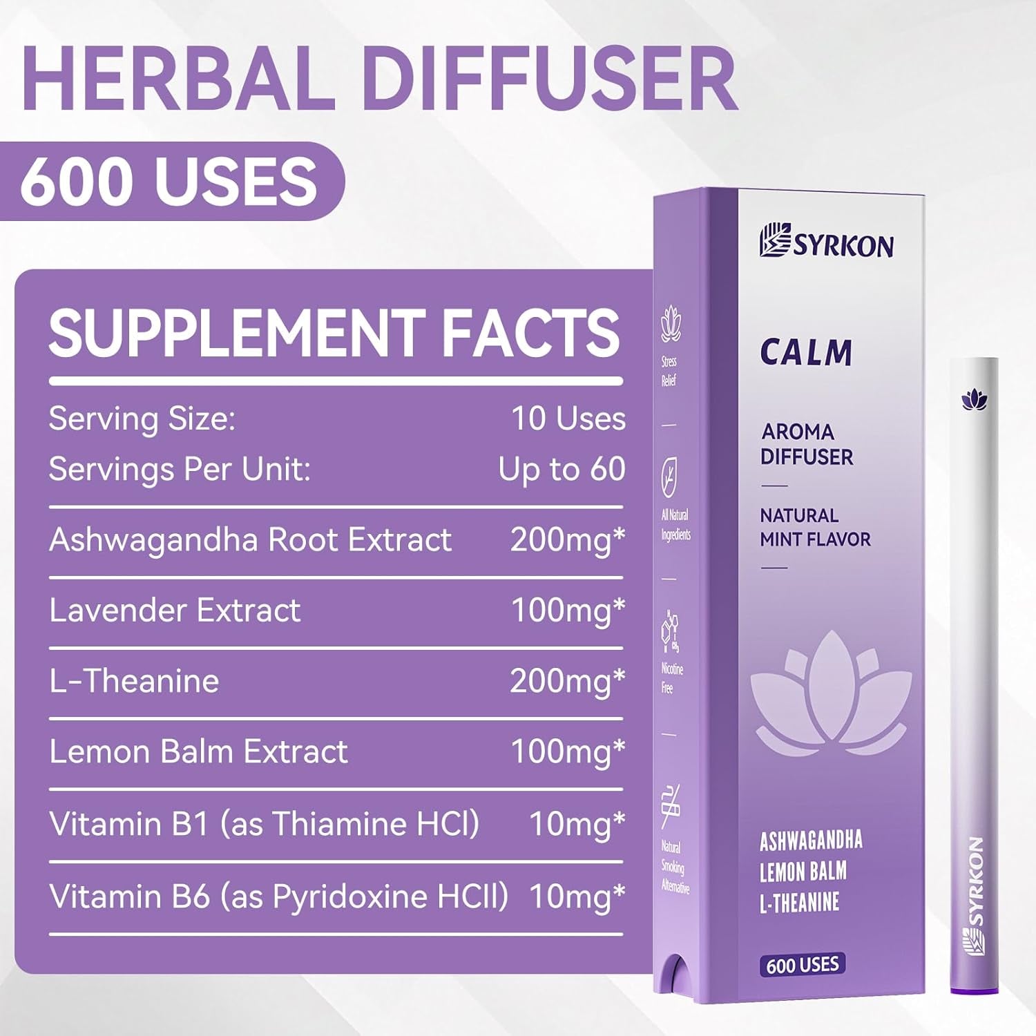 Herbal Diffuser Pen, Supports a Calm Mood | Relaxed Feelings, Mint Flavor, Ashwagandha, Lavender, L-Theanine, Lemon Balm, Vitamin B1 & B6, 600 Uses