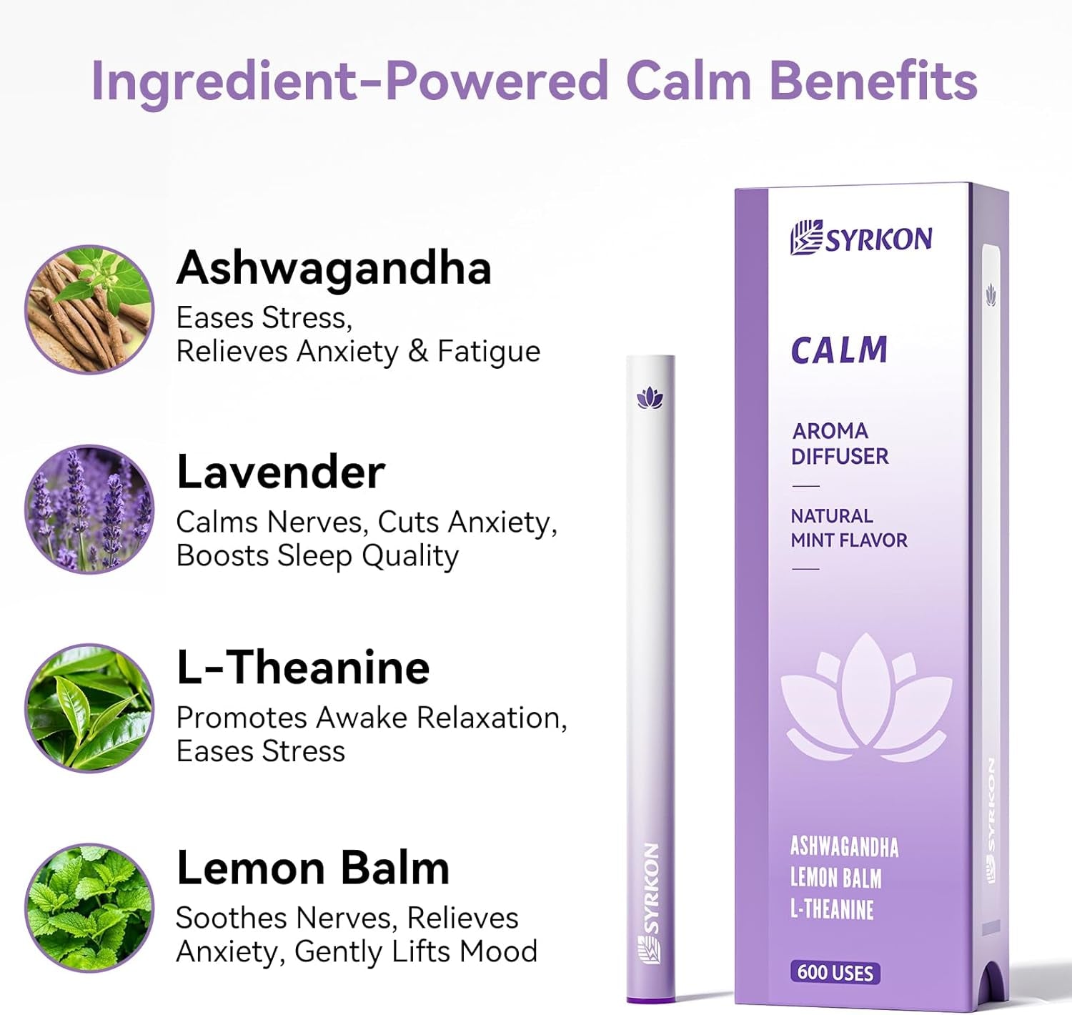 Herbal Diffuser Pen, Supports a Calm Mood | Relaxed Feelings, Mint Flavor, Ashwagandha, Lavender, L-Theanine, Lemon Balm, Vitamin B1 & B6, 600 Uses
